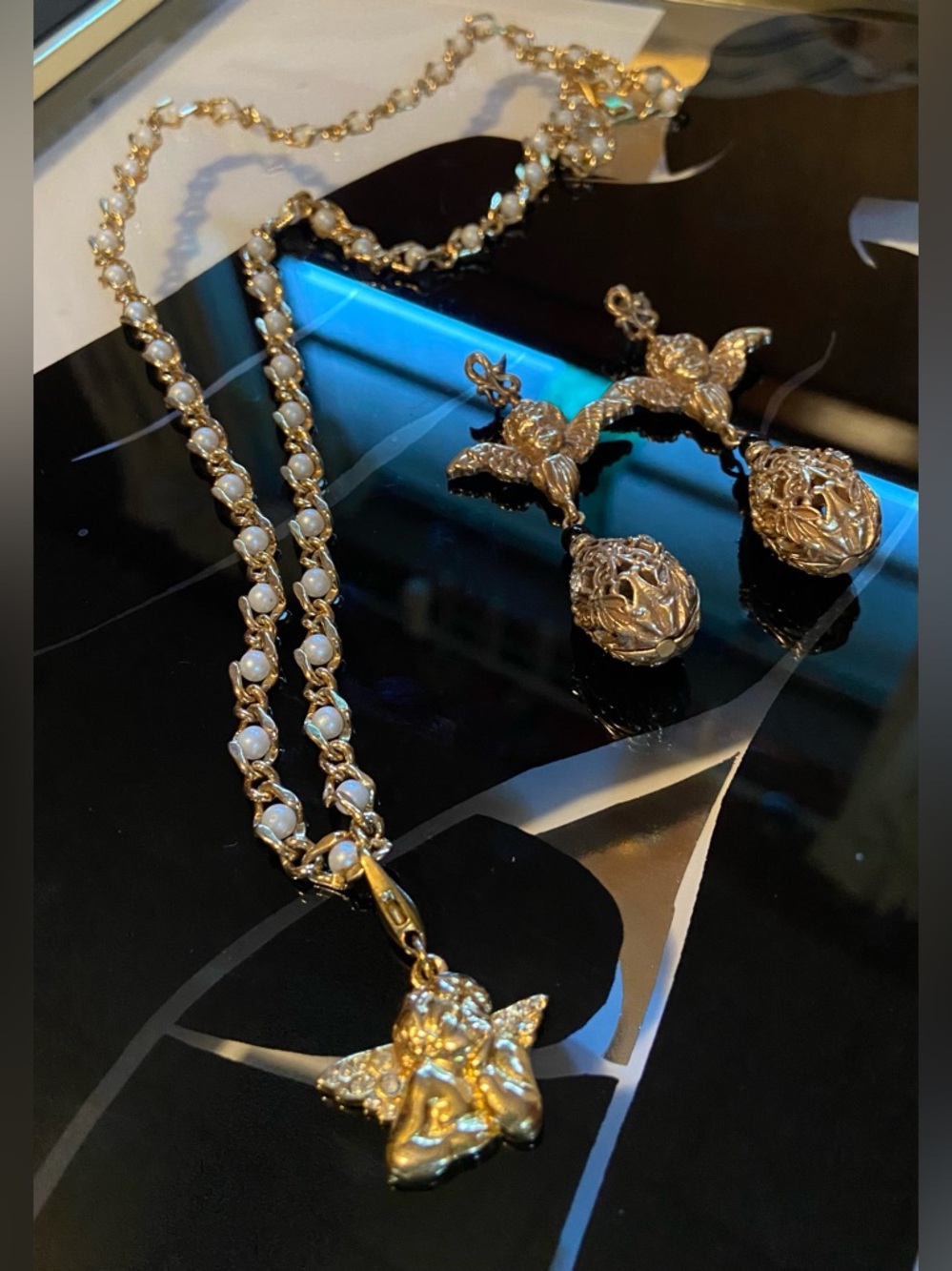 Gold Pearl Angel Pendant Necklace with Matching Angel Drop Earrings